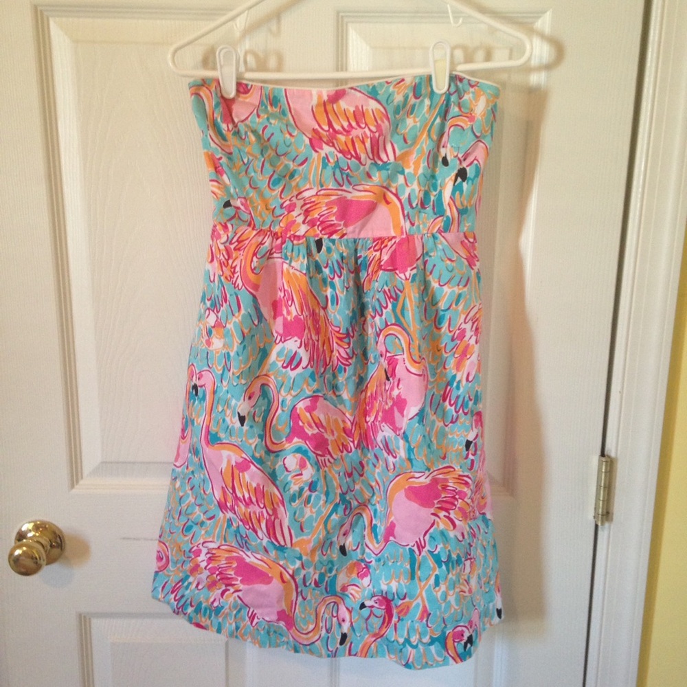 Lilly Pulitzer Strapless Flamingo Print Dress in Aqua, Pink and Yellow